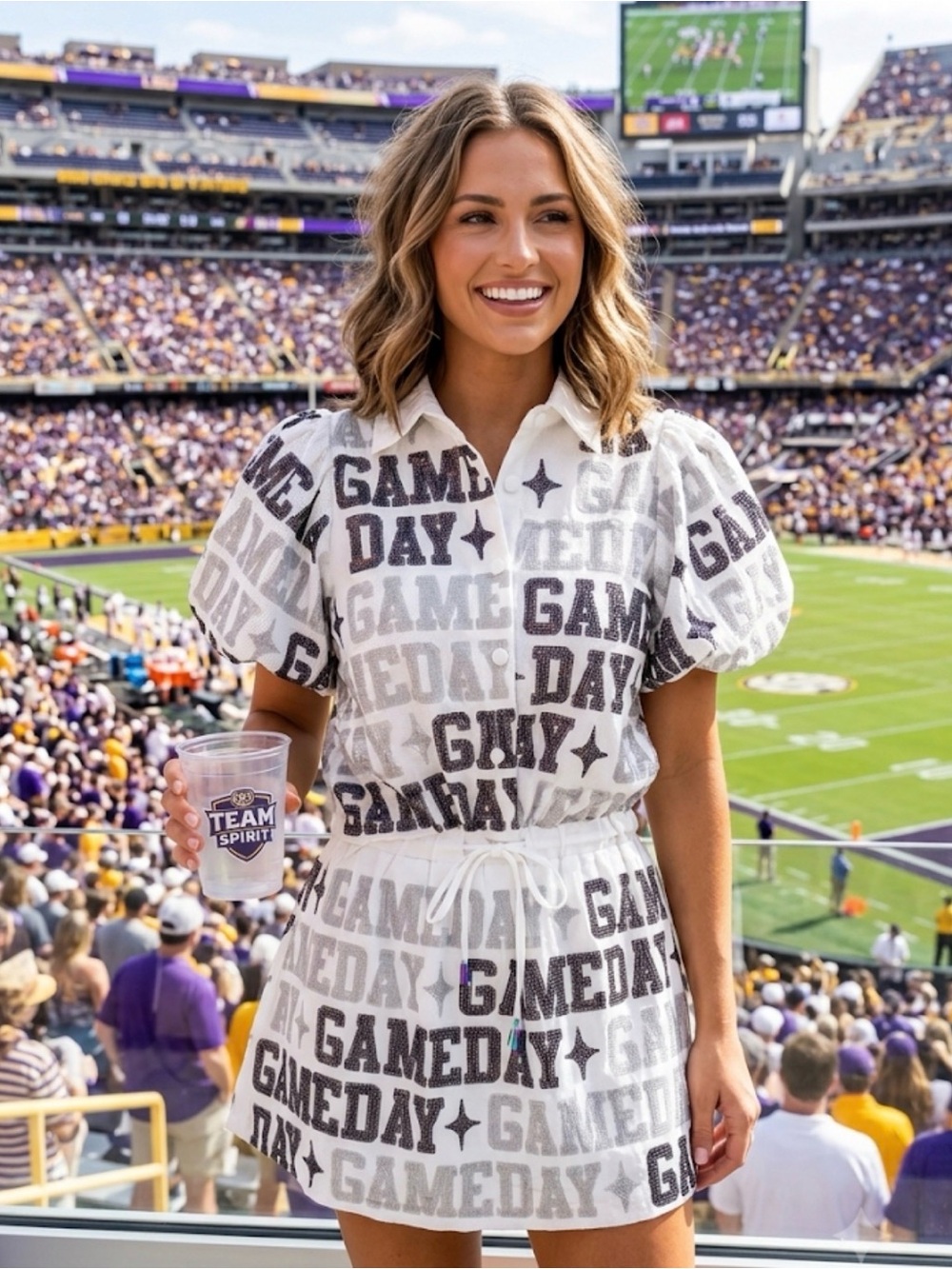 New! QUEEN OF SPARKLES White Gameday Sequin Puff Sleeve Skirt Set